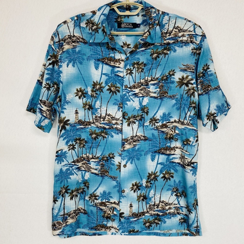Boca Classics Men Large Hawaiian Shirt Blue Tropical Rayon Beach Cruise Luau